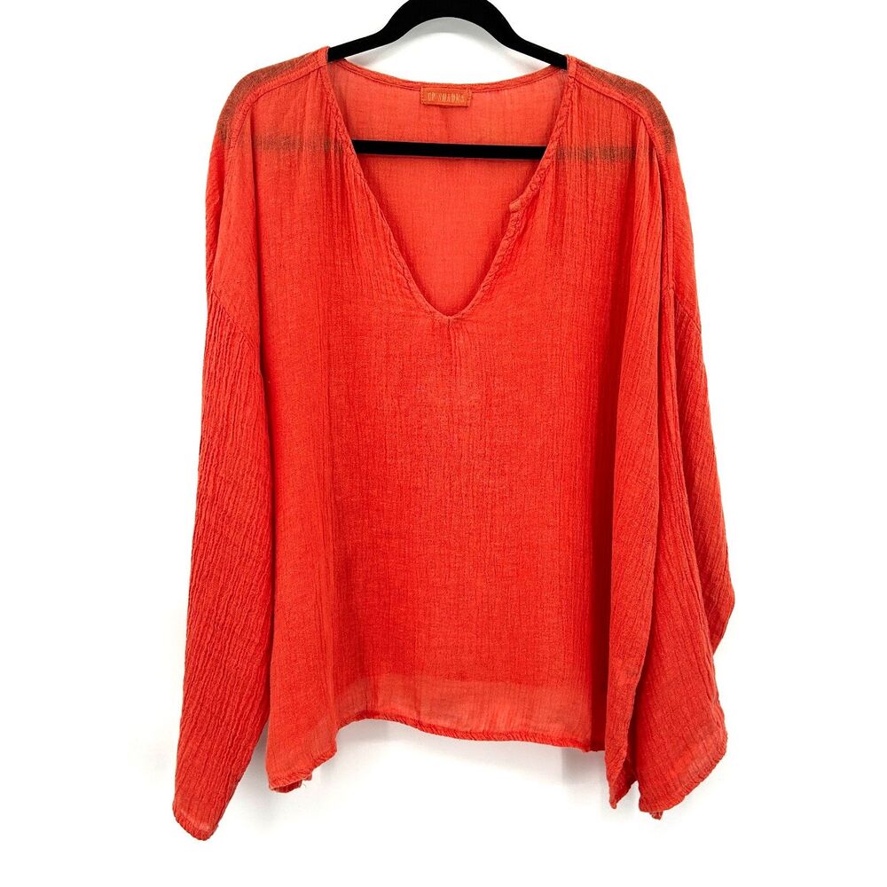 CP Shades Orange Gauze V-Neck Long Sleeve Blouse